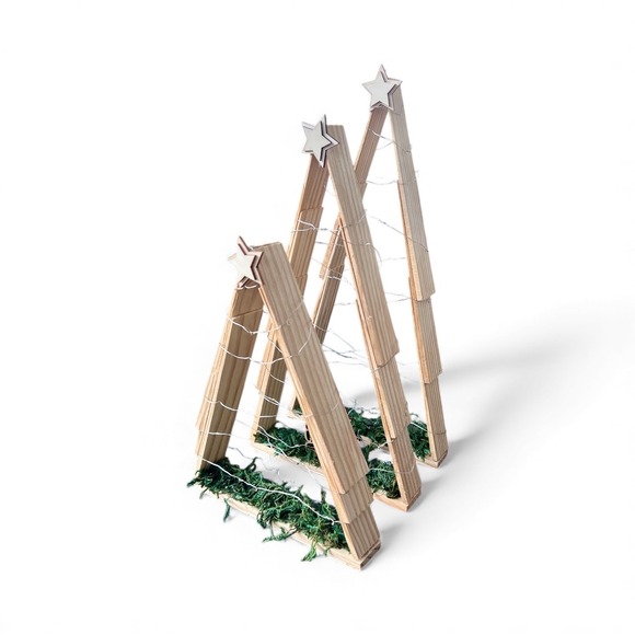 Set of 3 Rustic Wooden Christmas Trees with Lights, 10, 13.5, 15 in. Heights - Picture 5 of 13